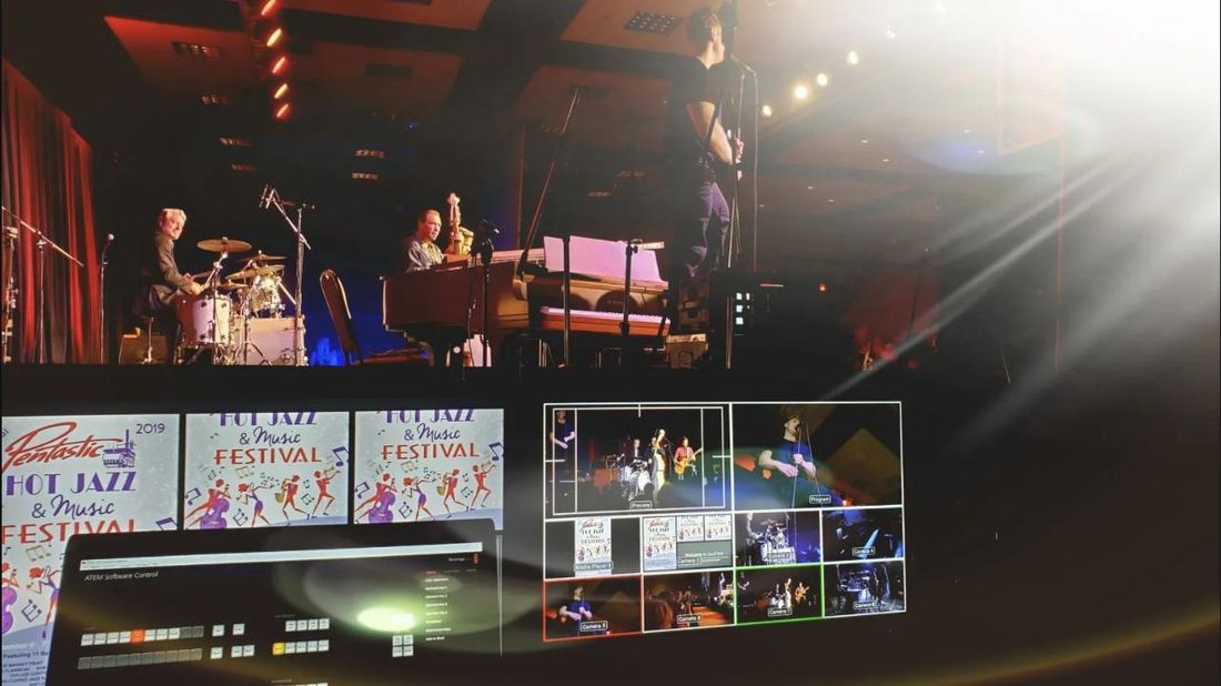 A festival stage with Groove-V's multiview monitor in the foreground
