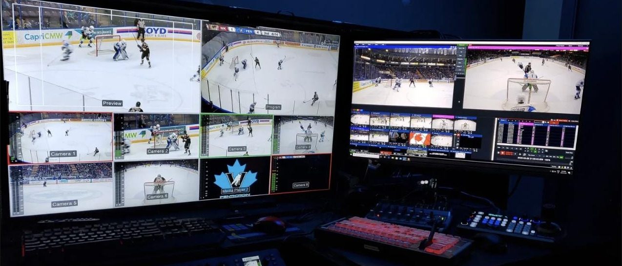 Groove-V's switcher and multiview monitors during a hockey broadcast